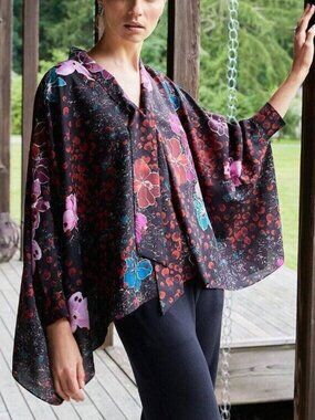 Natori Orchid Leopard Draped Caftan Top - S/M